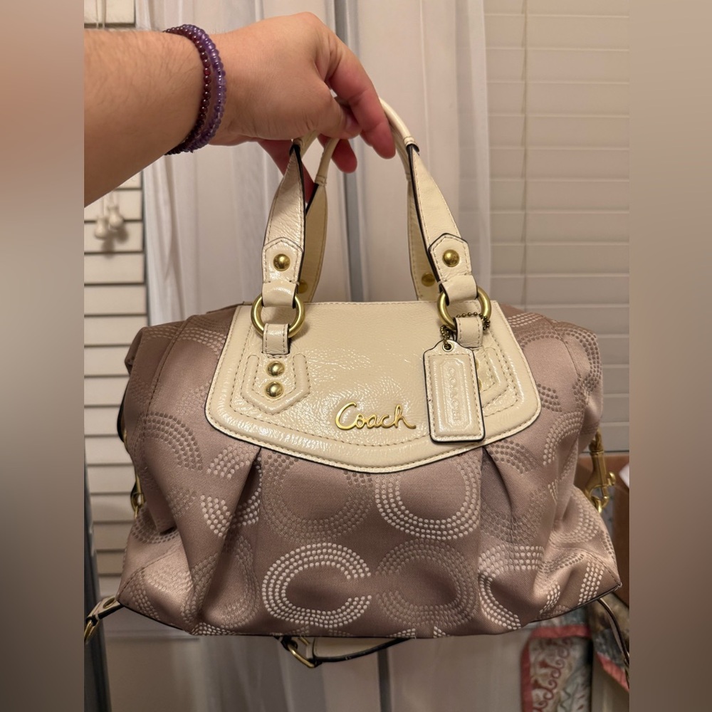 Coach  Ashley Taupe Signature Satchel with Cream Leather Trim - Picture 6 of 11